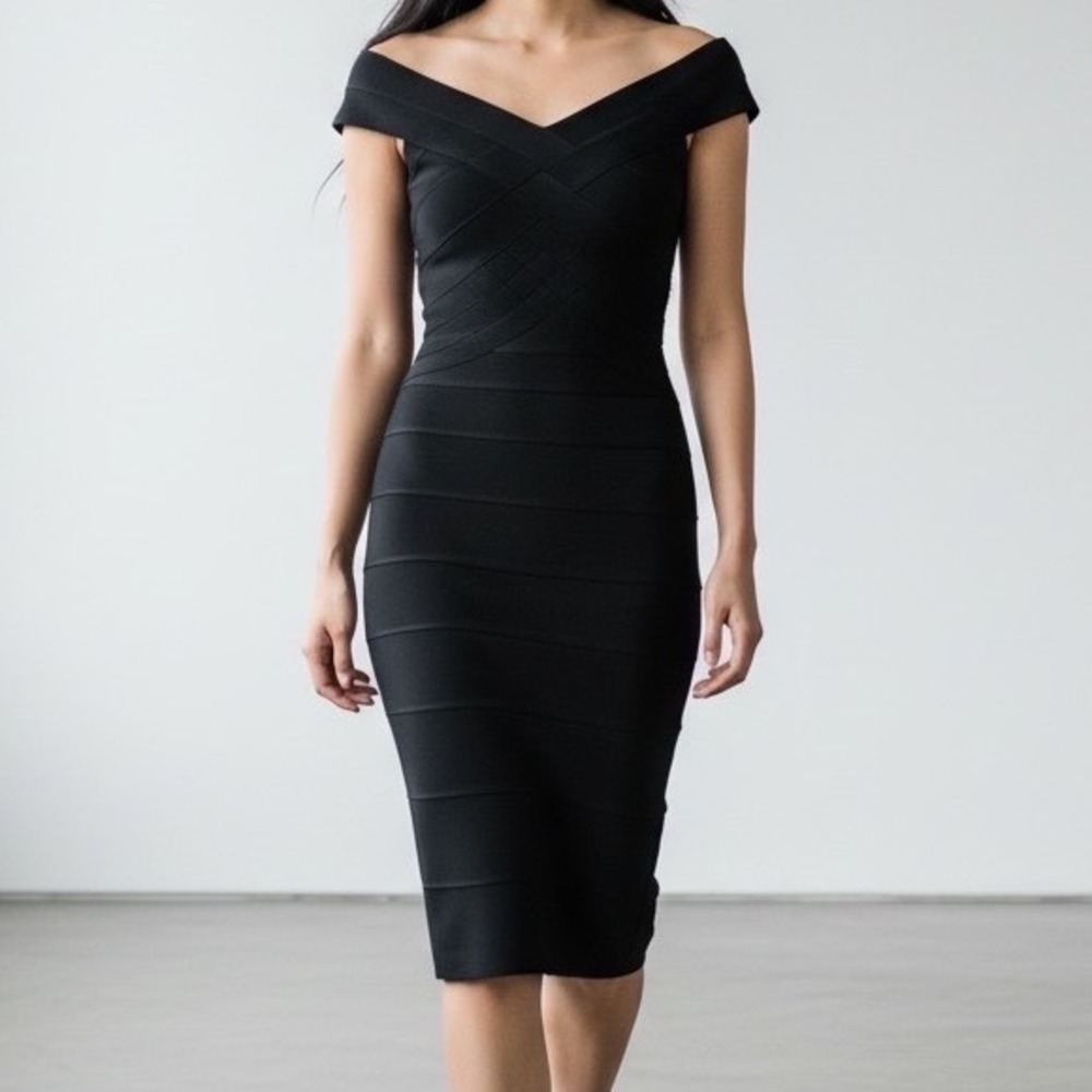 Tadashi Shoji Off the Shoulder‎ Bandage Woven Black Dress size Small